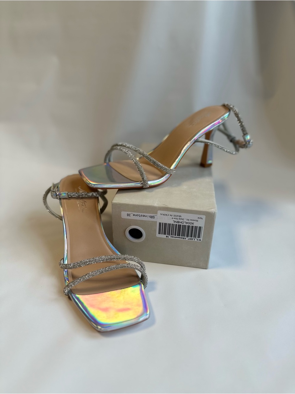 Iridescent Multi-Color Strappy Heels with Silver Rhinestone Accents - Picture 7 of 7